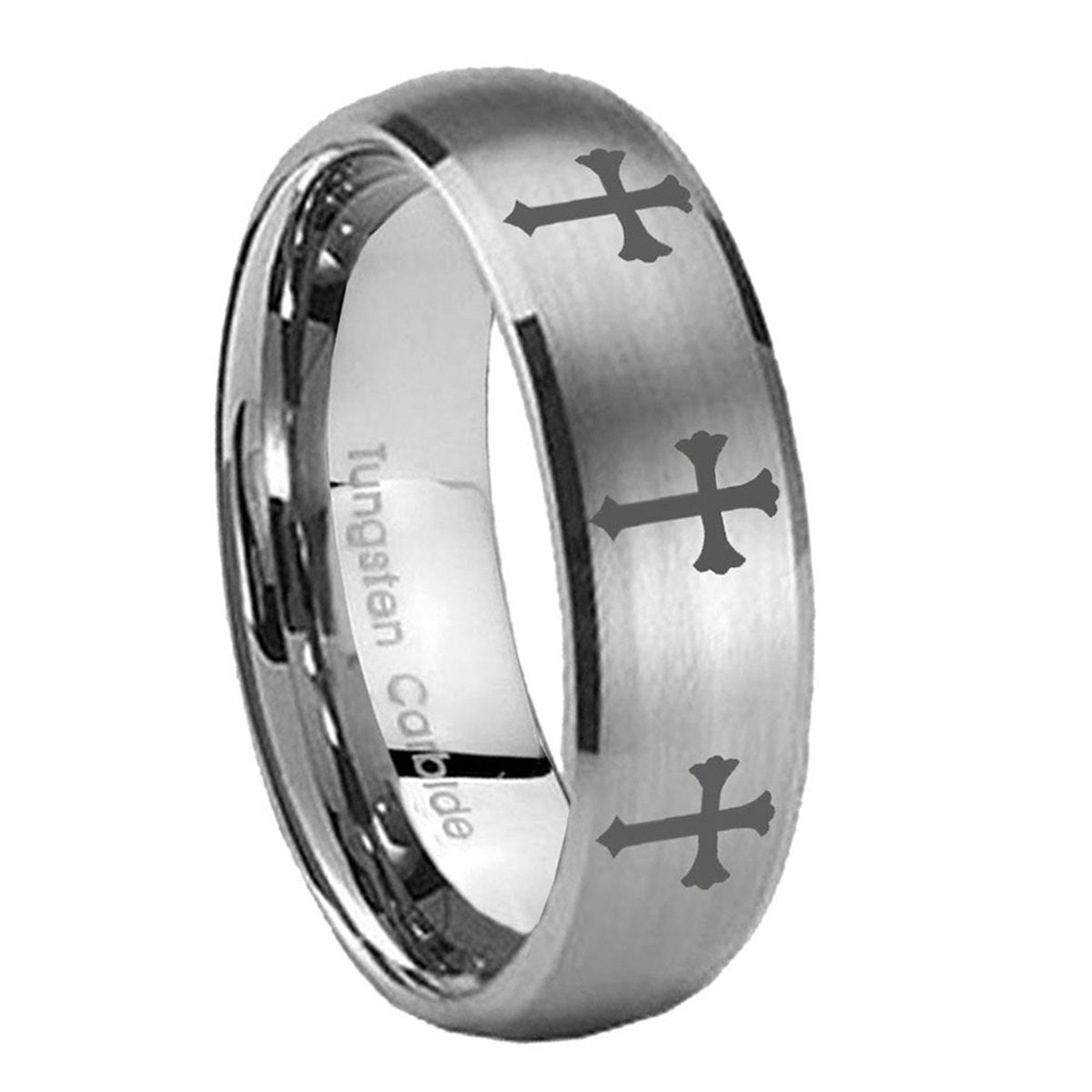 8MM Multiple Christian Cross Dome Brushed Gray Tungsten Mens Ring