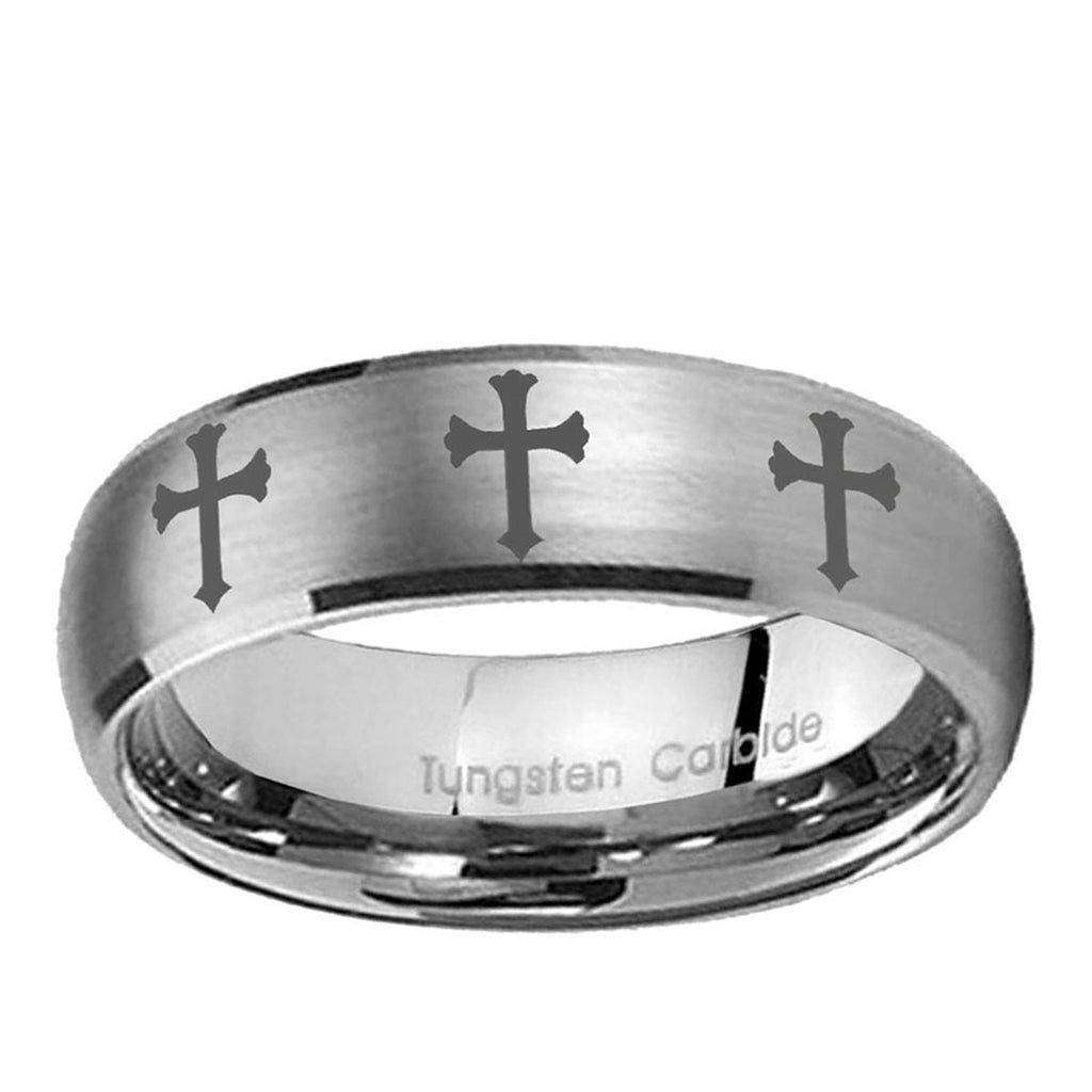 10mm Multiple Christian Cross Dome Brushed Tungsten Ring