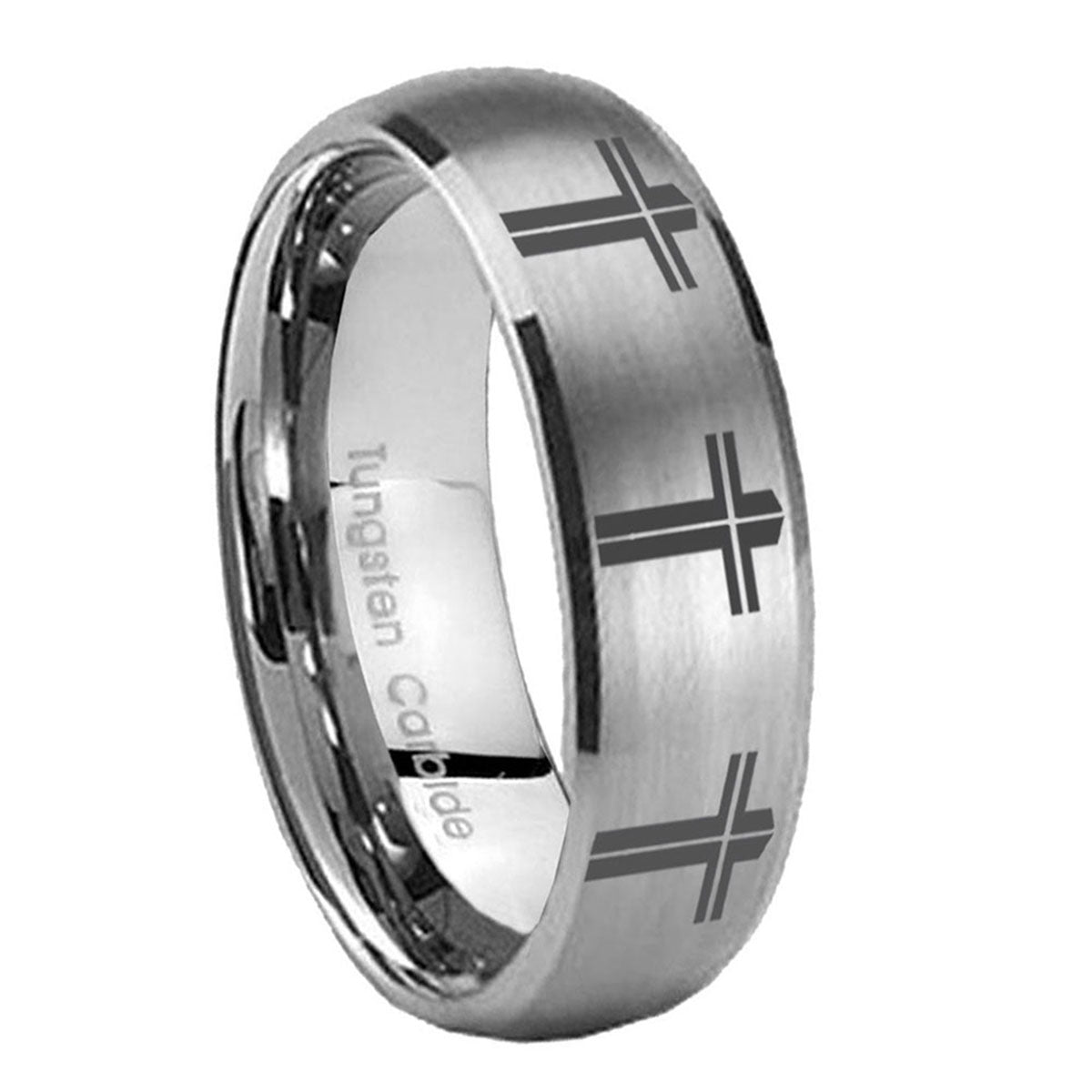 8MM Multiple Christian Cross Dome Brushed Gray Tungsten Ring Men