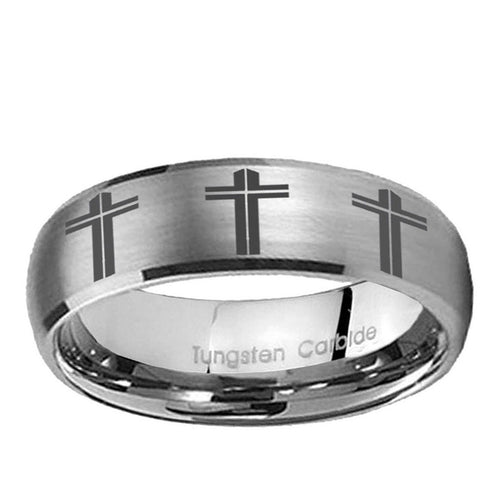10mm Multiple Christian Cross Dome Brushed Tungsten Ring