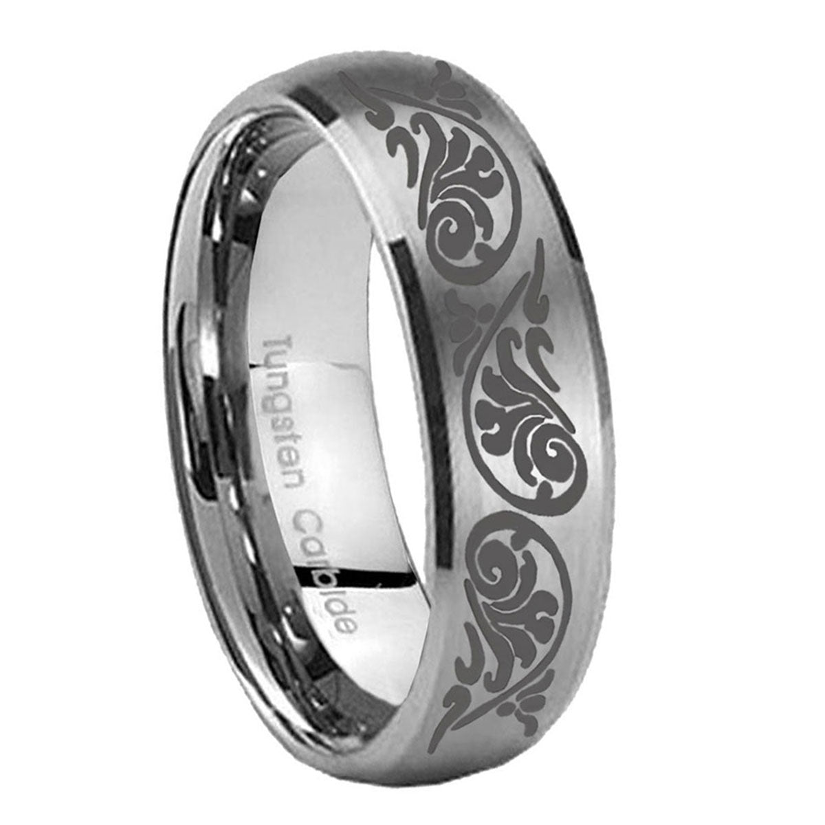 10mm Etched Tribal Pattern Dome Brushed Tungsten Carbide Men's Bands Ring