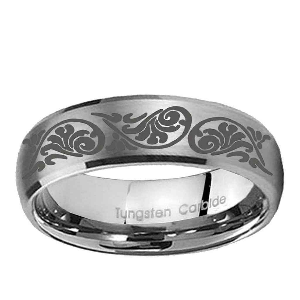 10mm Etched Tribal Pattern Dome Brushed Tungsten Ring