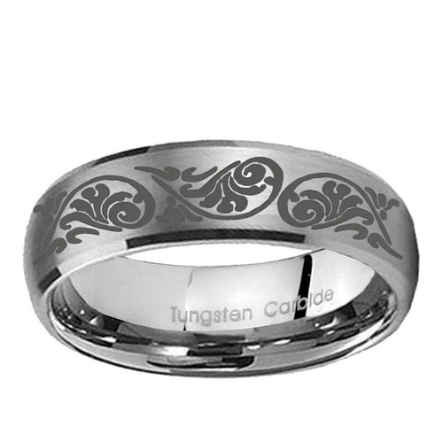 10mm Etched Tribal Pattern Dome Brushed Tungsten Ring