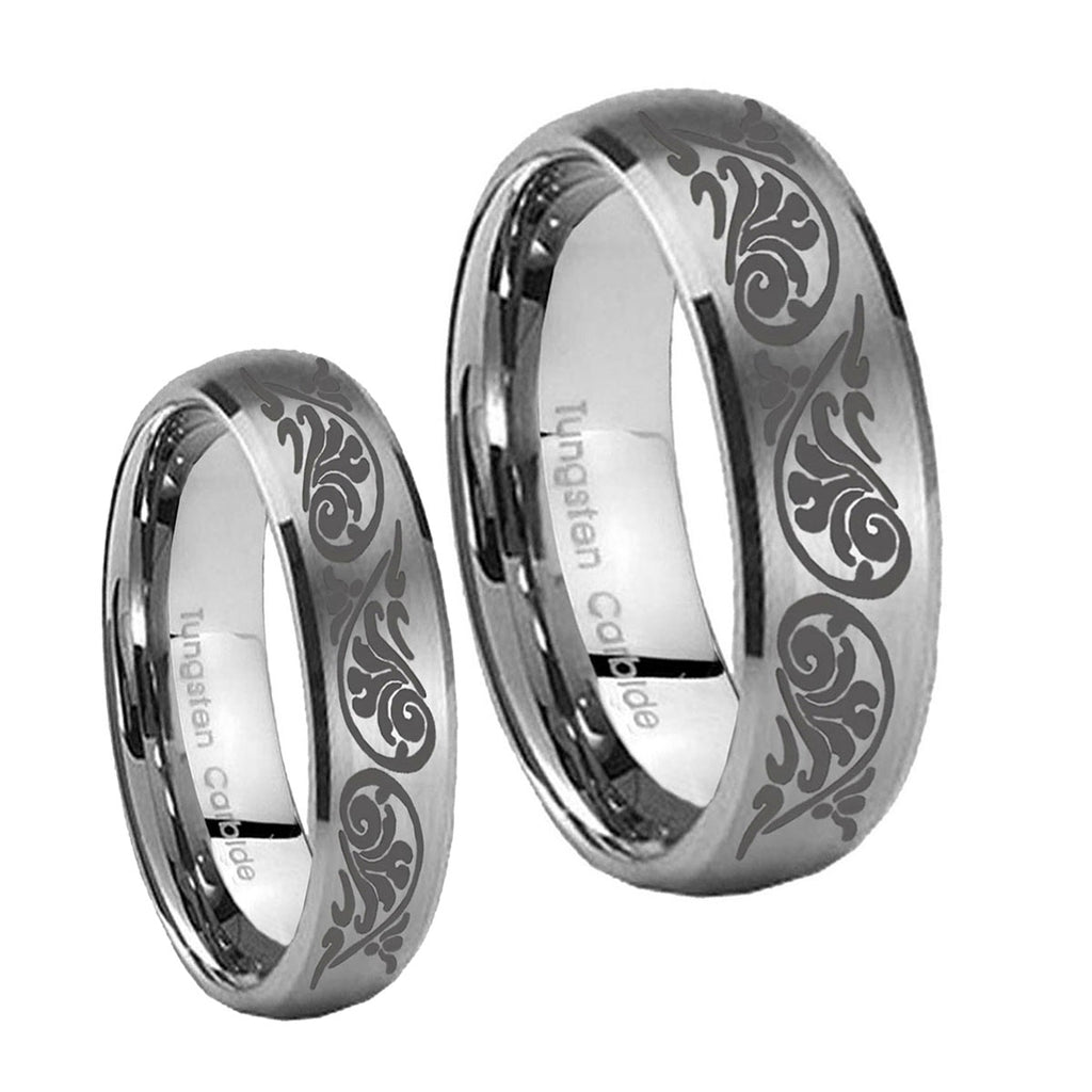 Etched Tribal Pattern Dome Brushed Tungsten Couple Rings