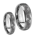 Etched Tribal Pattern Dome Brushed Tungsten Couple Rings