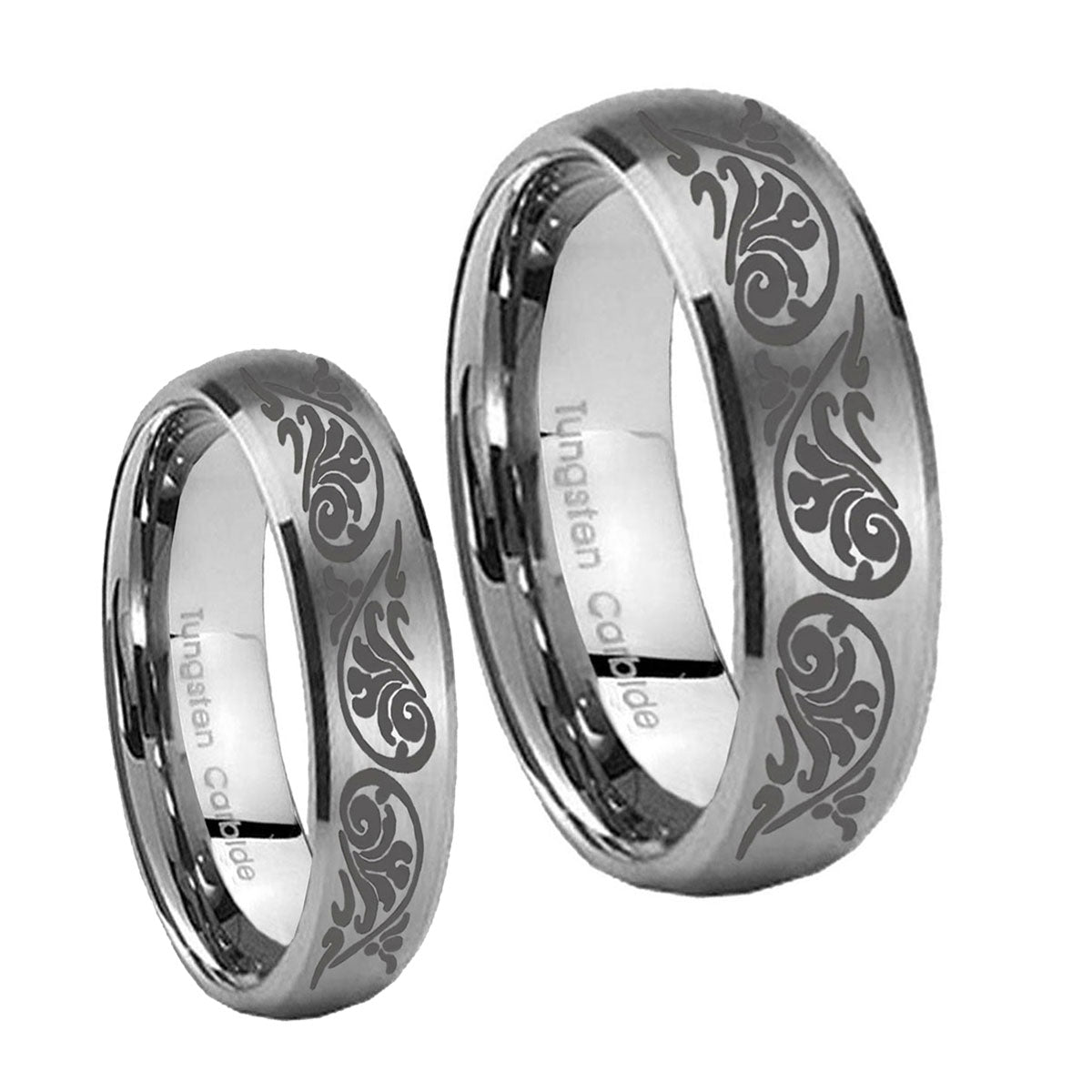Etched Tribal Pattern Dome Brushed Tungsten Couple Rings