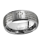 10mm-Etched-Lord's-Prayer-Cross-Dome-Tungsten-Carbide-Gray-Engagement-Ring