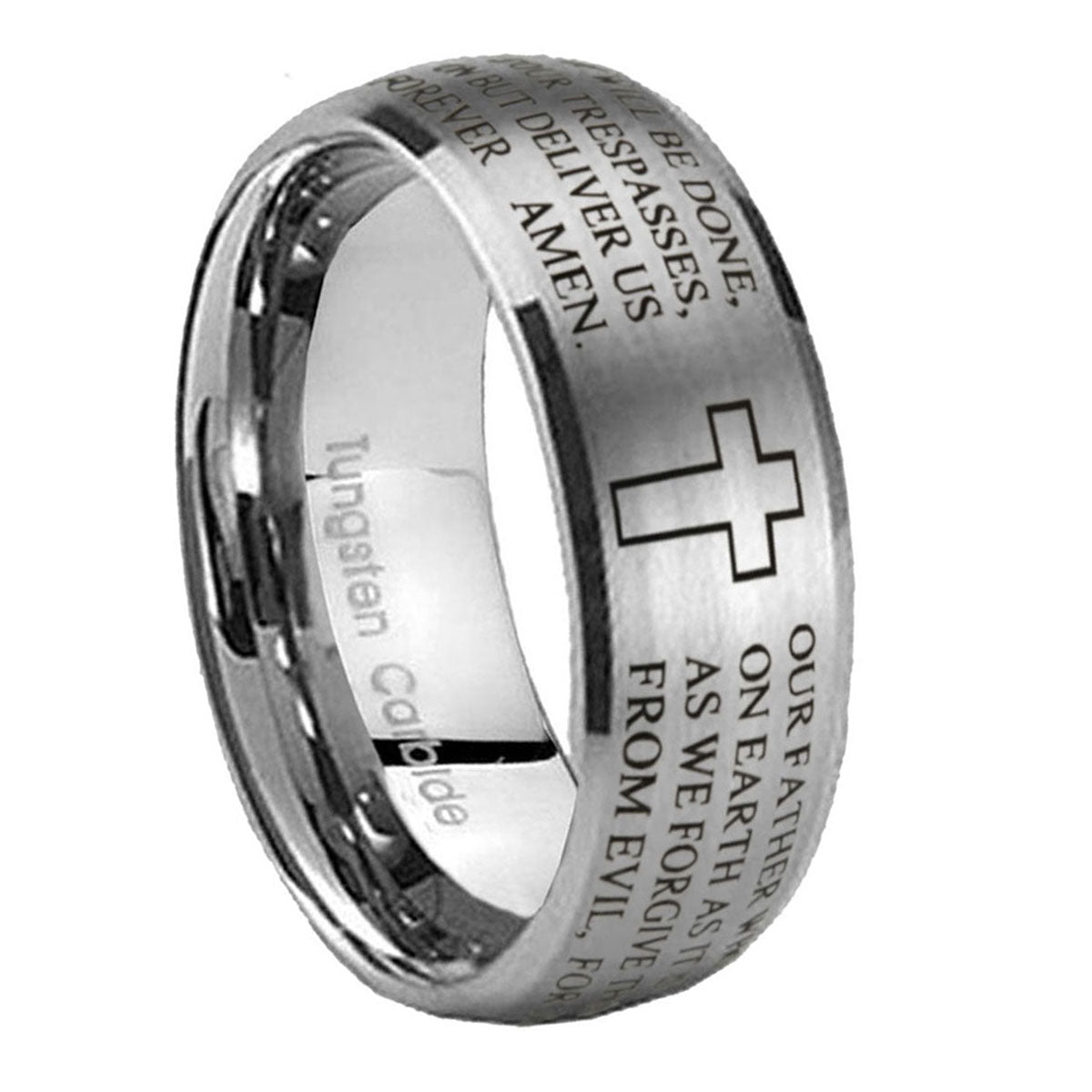 10mm Etched Lord's Prayer Cross Dome Tungsten Carbide Gray Engagement Ring