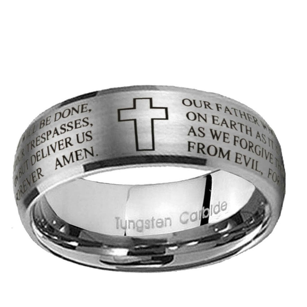 10mm Etched Lord's Prayer Cross Dome Tungsten Carbide Gray Engagement Ring