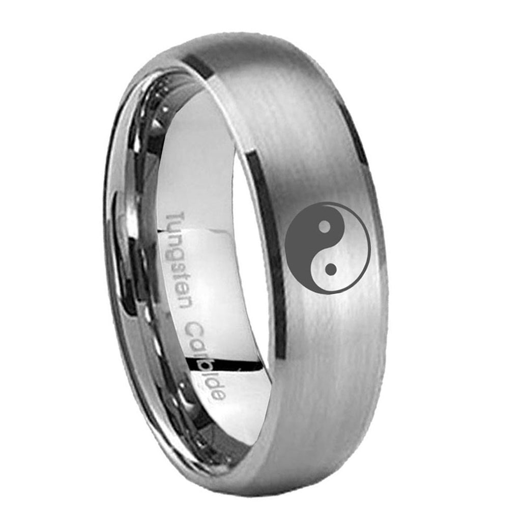 8MM Yin Yang Dome Brushed Gray Tungsten Man Wedding Band