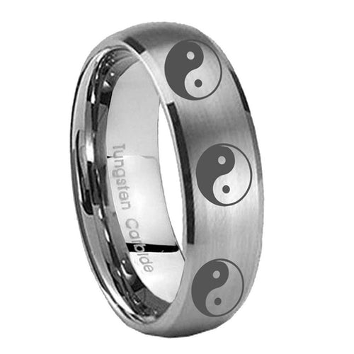 10mm Multiple Yin Yang Dome Brushed Tungsten Carbide Mens Ring Engraved