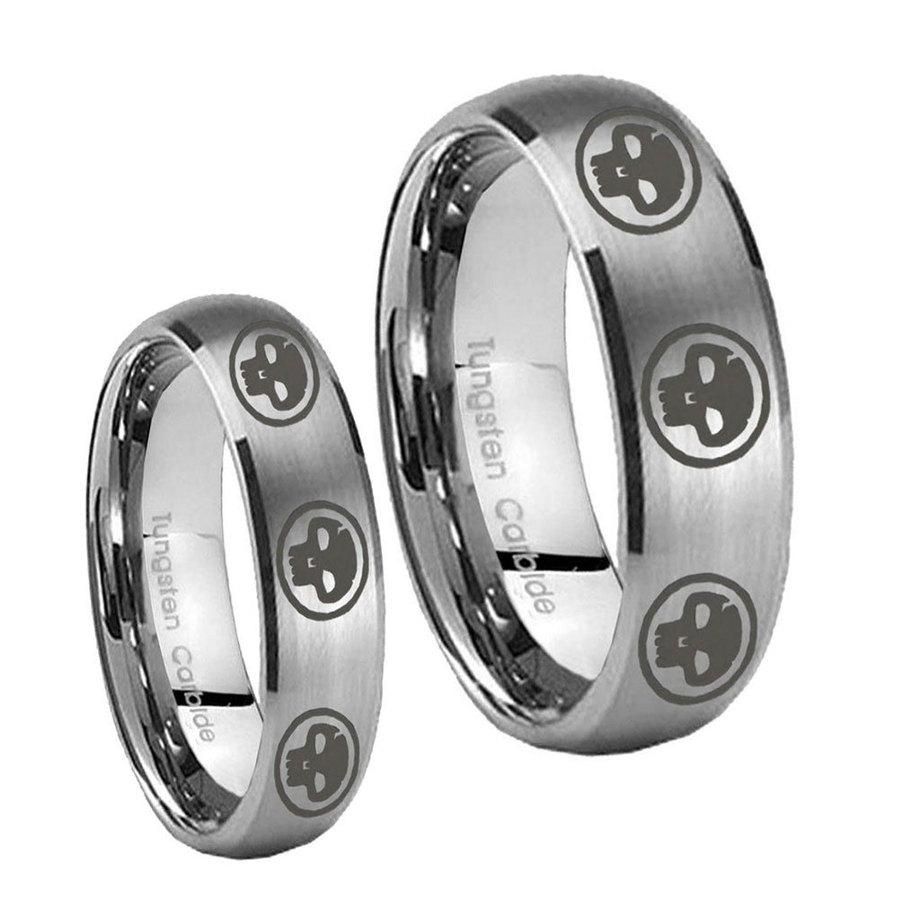 Satin Silver Dome Multiple Skull Tungsten Promise Ring Set