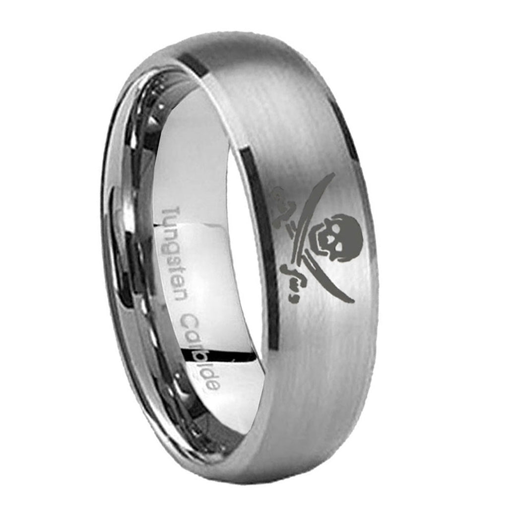 8MM Skull Pirate Dome Brushed Gray Tungsten Man Wedding Band