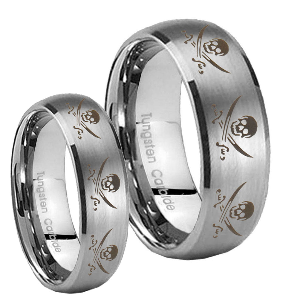 Multiple Skull Pirate Dome Brushed Tungsten Wedding Set Ring