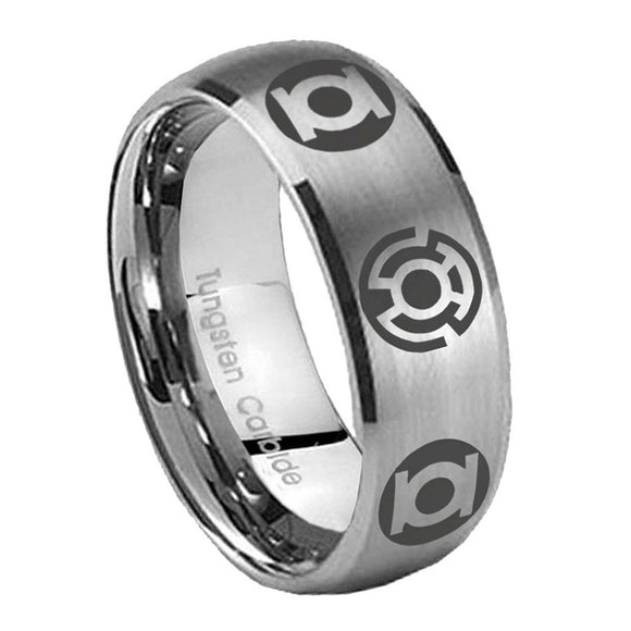 8mm Blue Green Lantern Dome Matte Silver Tungsten Ring