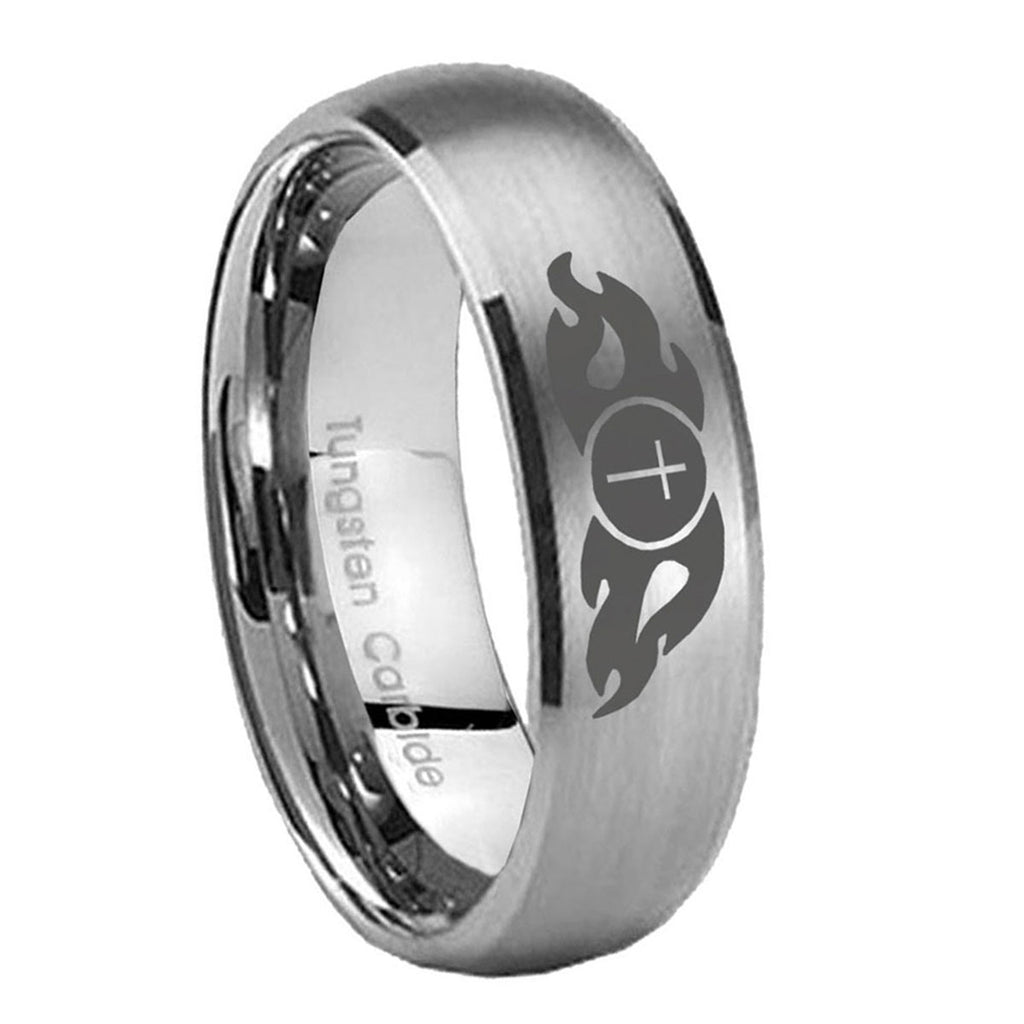 10mm Flamed Cross Dome Brushed Tungsten Carbide Wedding Band Mens