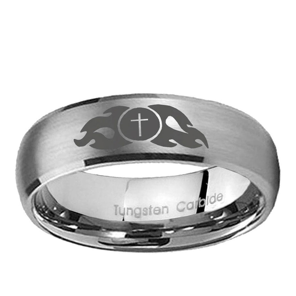 10mm Flamed Cross Dome Brushed Tungsten Ring