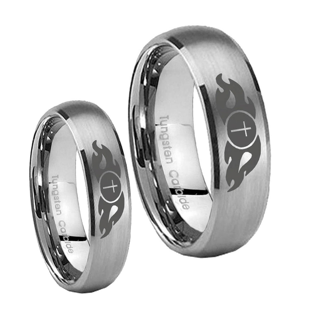 Flamed Cross Dome Brushed Tungsten Matching Ring Set
