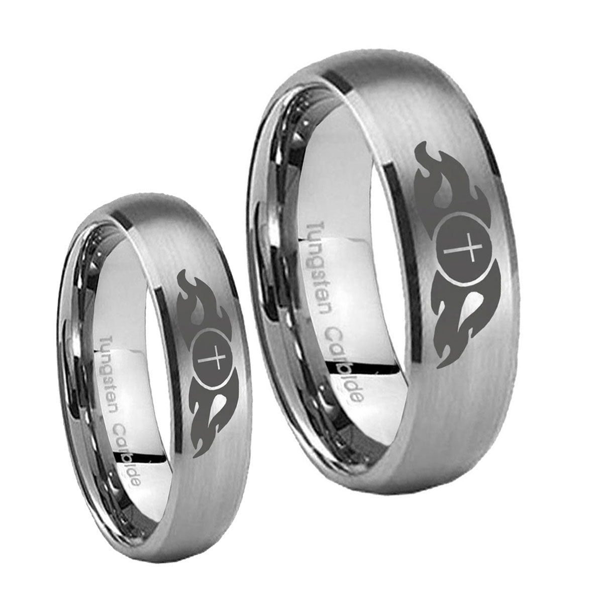 Flamed Cross Dome Brushed Tungsten Matching Ring Set