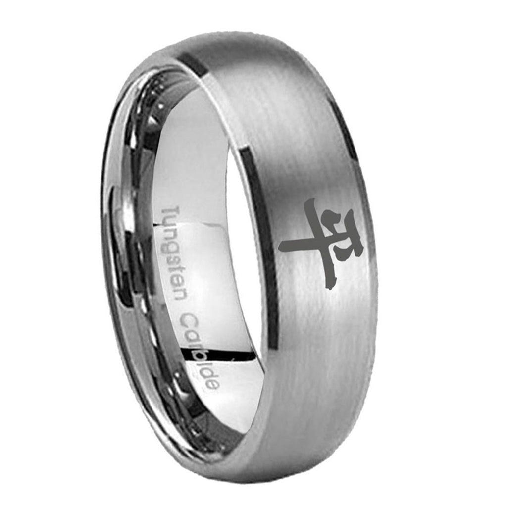 8MM Kanji Peace Dome Brushed Gray Tungsten Men And Women Ring