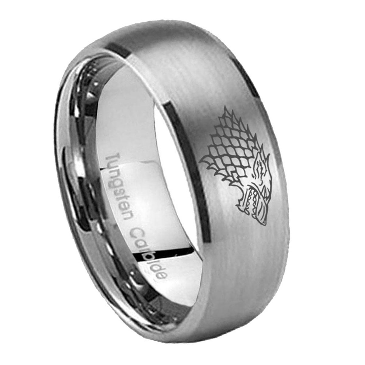 10mm Game Of Thrones House Stark Direwolf Dome Tungsten Carbide Gray Engagement Ring