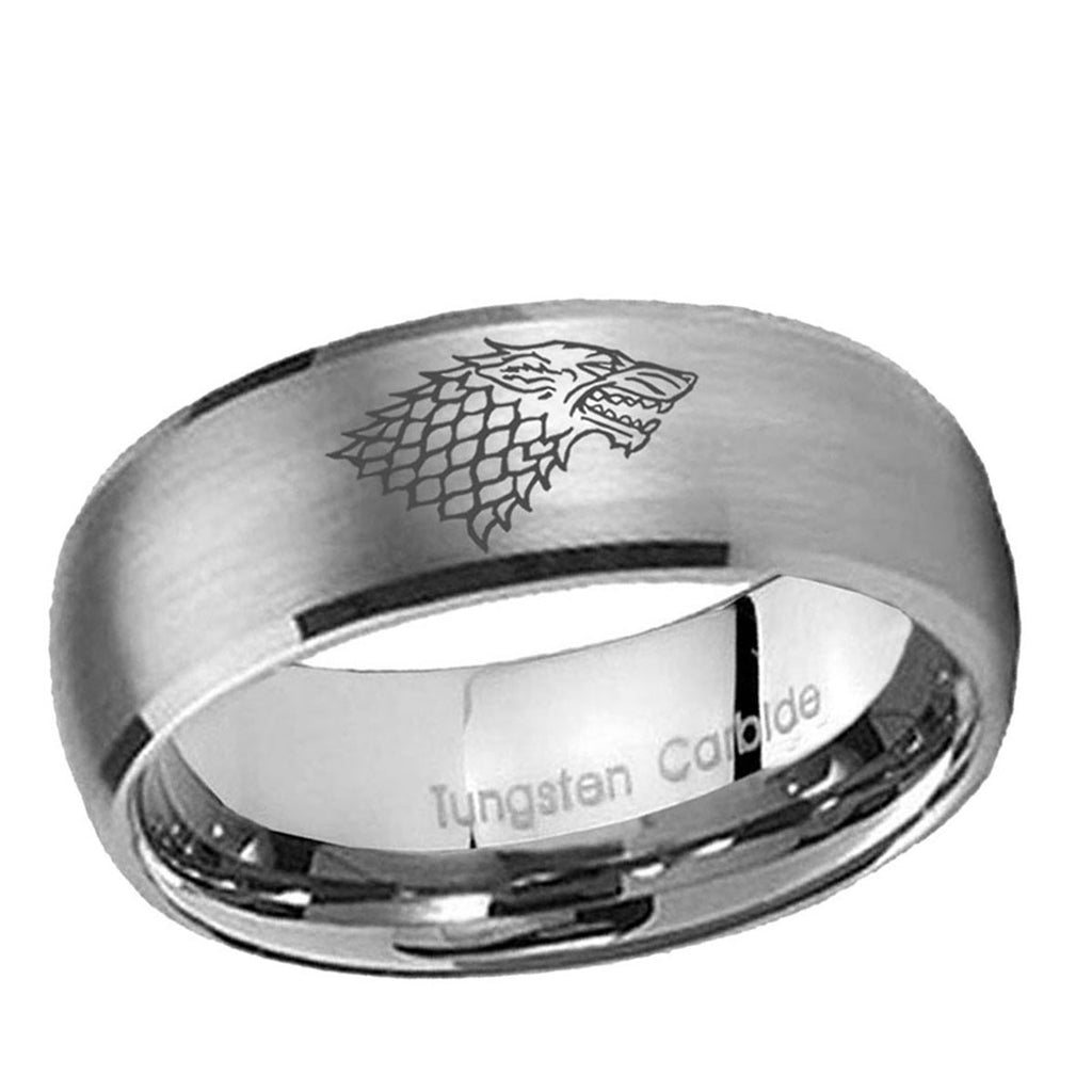 10mm Game Of Thrones House Stark Direwolf Dome Tungsten Carbide Gray Engagement Ring