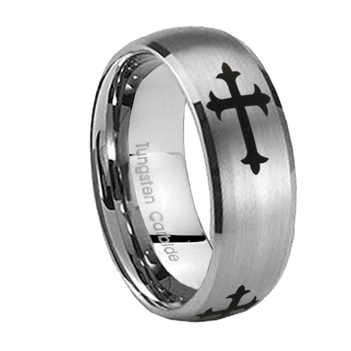 10mm Christian Cross Religious Dome Brushed Tungsten Carbide Men's Promise Rings