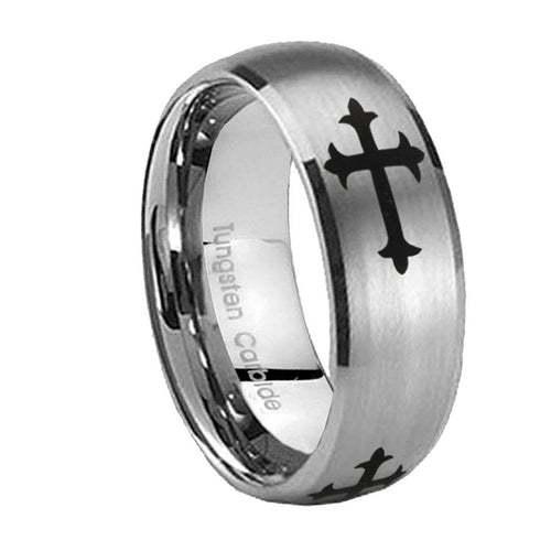 10mm Christian Cross Religious Dome Brushed Tungsten Carbide Men's Promise Rings