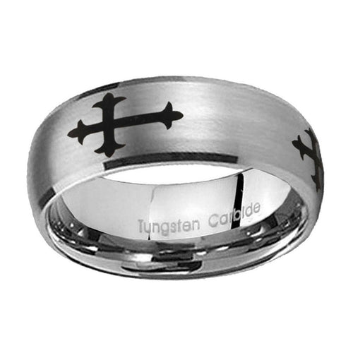 10mm Christian Cross Religious Dome Brushed Tungsten Ring