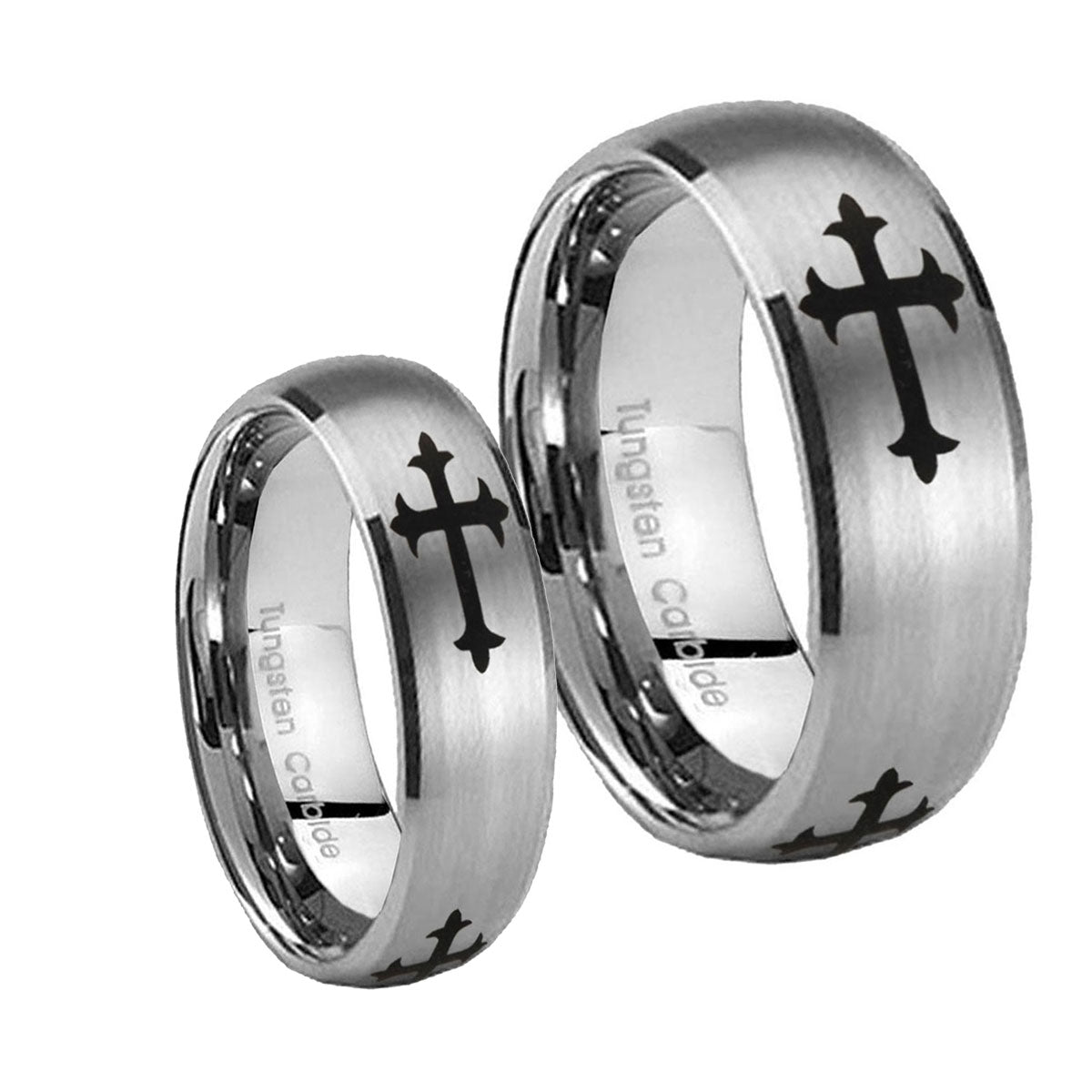 Christian Cross Religious Dome Brushed Tungsten Couple Wedding Rings