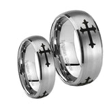 Bride and Groom Christian Cross Religious Dome Brushed Tungsten Carbide Men's Ring Set