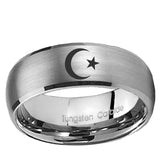 5, 8mm Crescent Moon Stars Dome Brushed Tungsten Ring