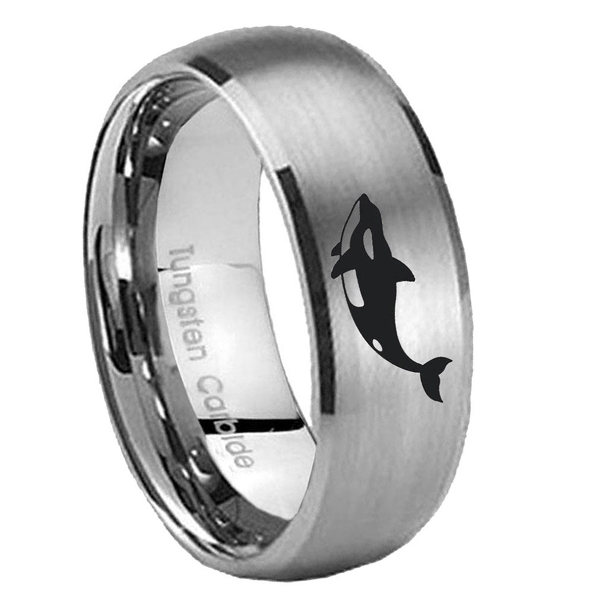 8MM Killer Whale Dome Brushed Gray Tungsten Engravable Ring
