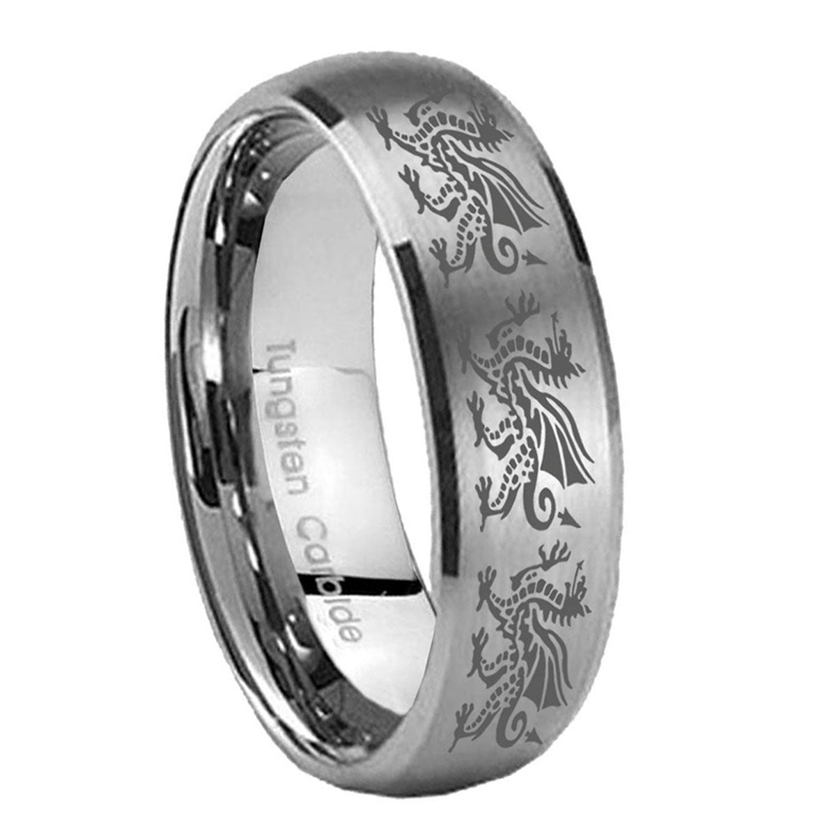 8MM Multiple Dragon Dome Brushed Gray Tungsten Mens Promise Ring