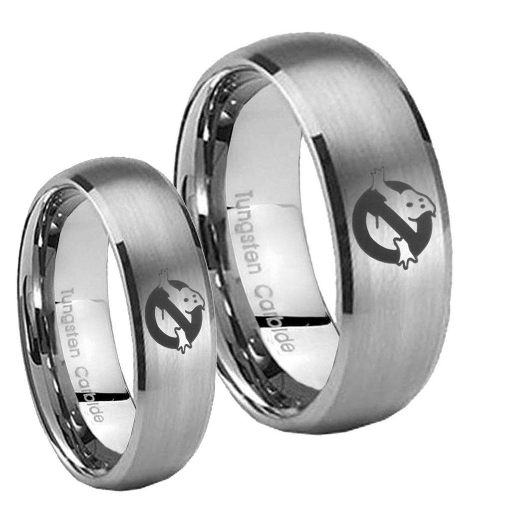 Ghostbusters Dome Brushed Tungsten Couple Wedding Rings