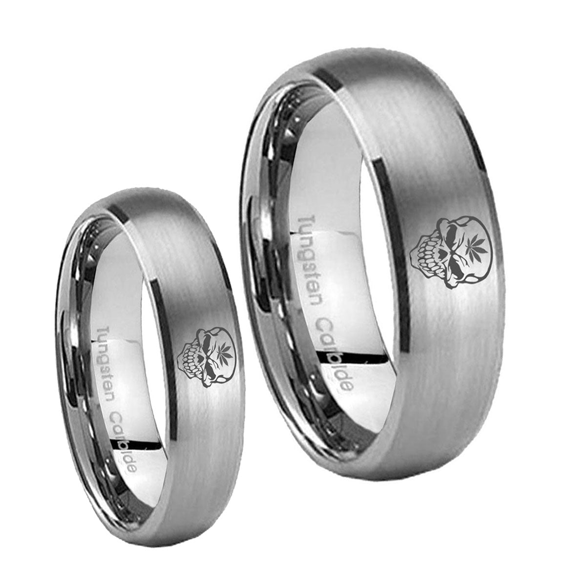 Skull Marijuana Leaf Dome Brushed Tungsten Wedding Band Set