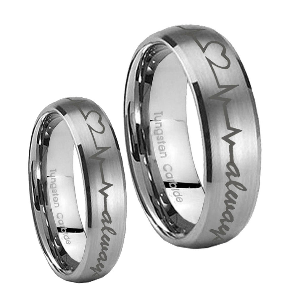Heart Beat forever Heart always Dome Brushed Tungsten His Hers Ring Set