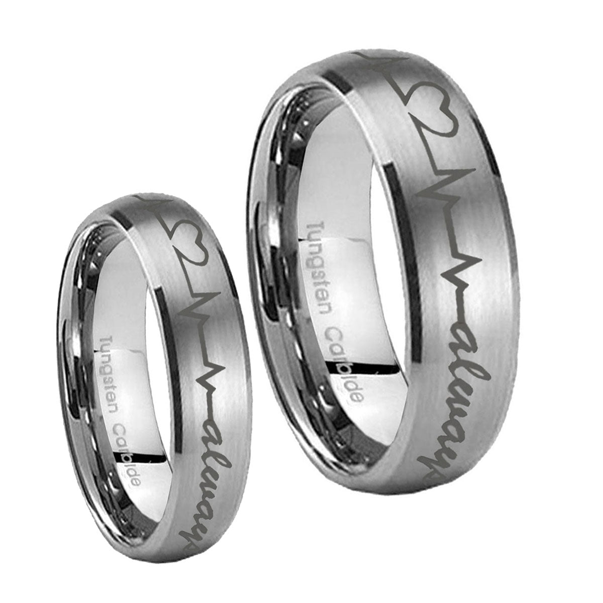 Heart Beat forever Heart always Dome Brushed Tungsten His Hers Ring Set