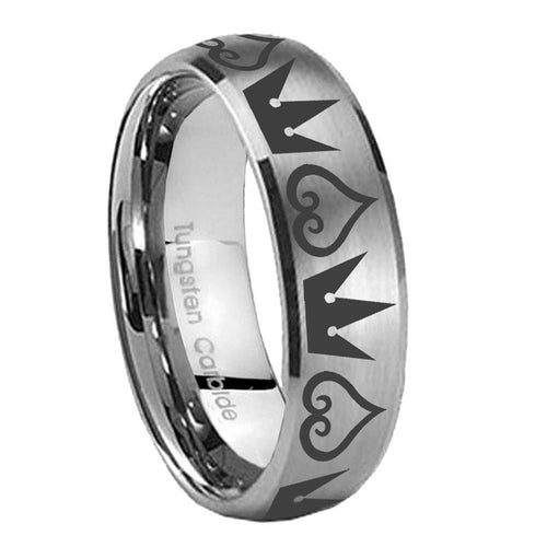 10mm Hearts and Crowns Dome Brushed Tungsten Carbide Mens Ring