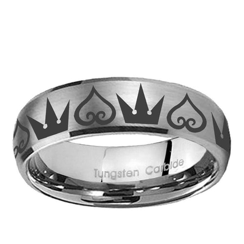 10mm Hearts and Crowns Dome Brushed Tungsten Carbide Mens Ring