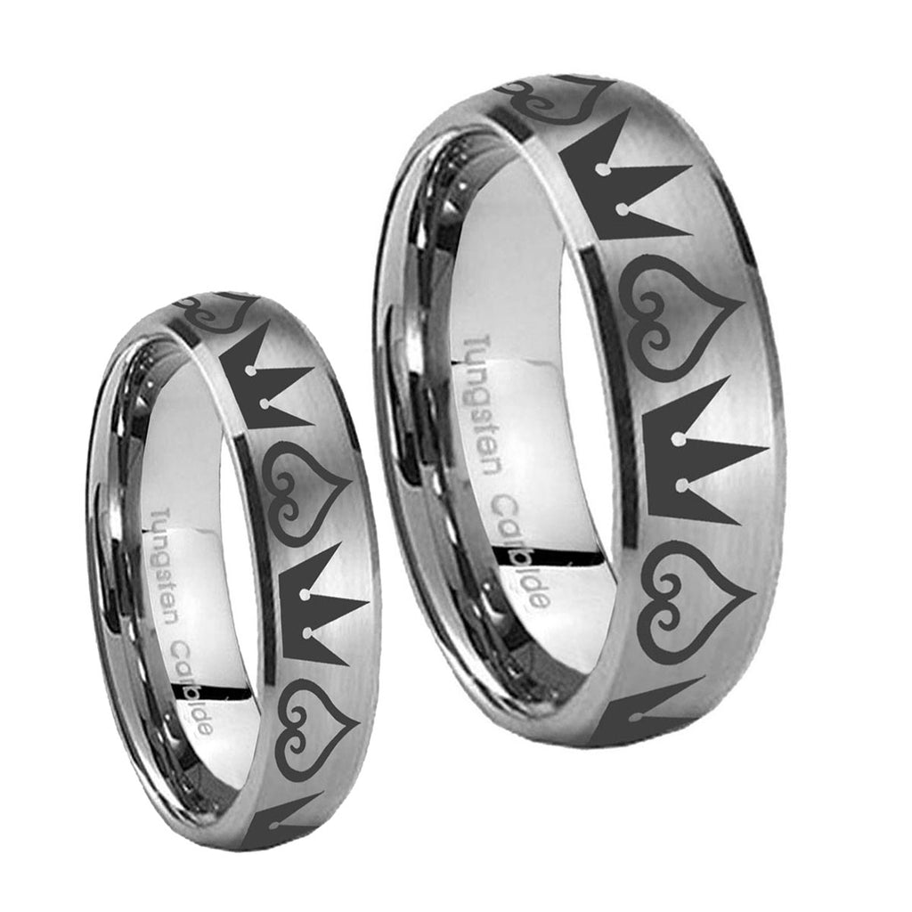 Hearts and Crowns Dome Brushed Tungsten Matching Ring Set