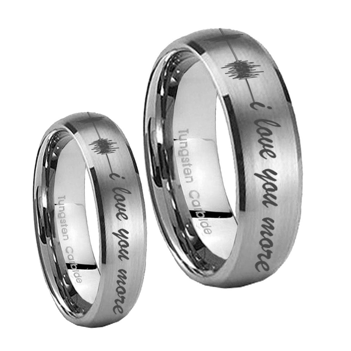 Sound Wave, I love you more Dome Brushed Tungsten Bridal Set Rings