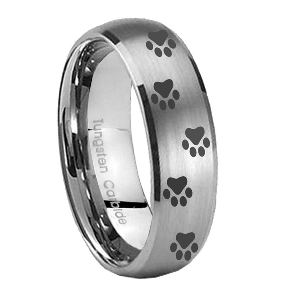 10mm Paw Print Dome Brushed Tungsten Carbide Personalized Ring