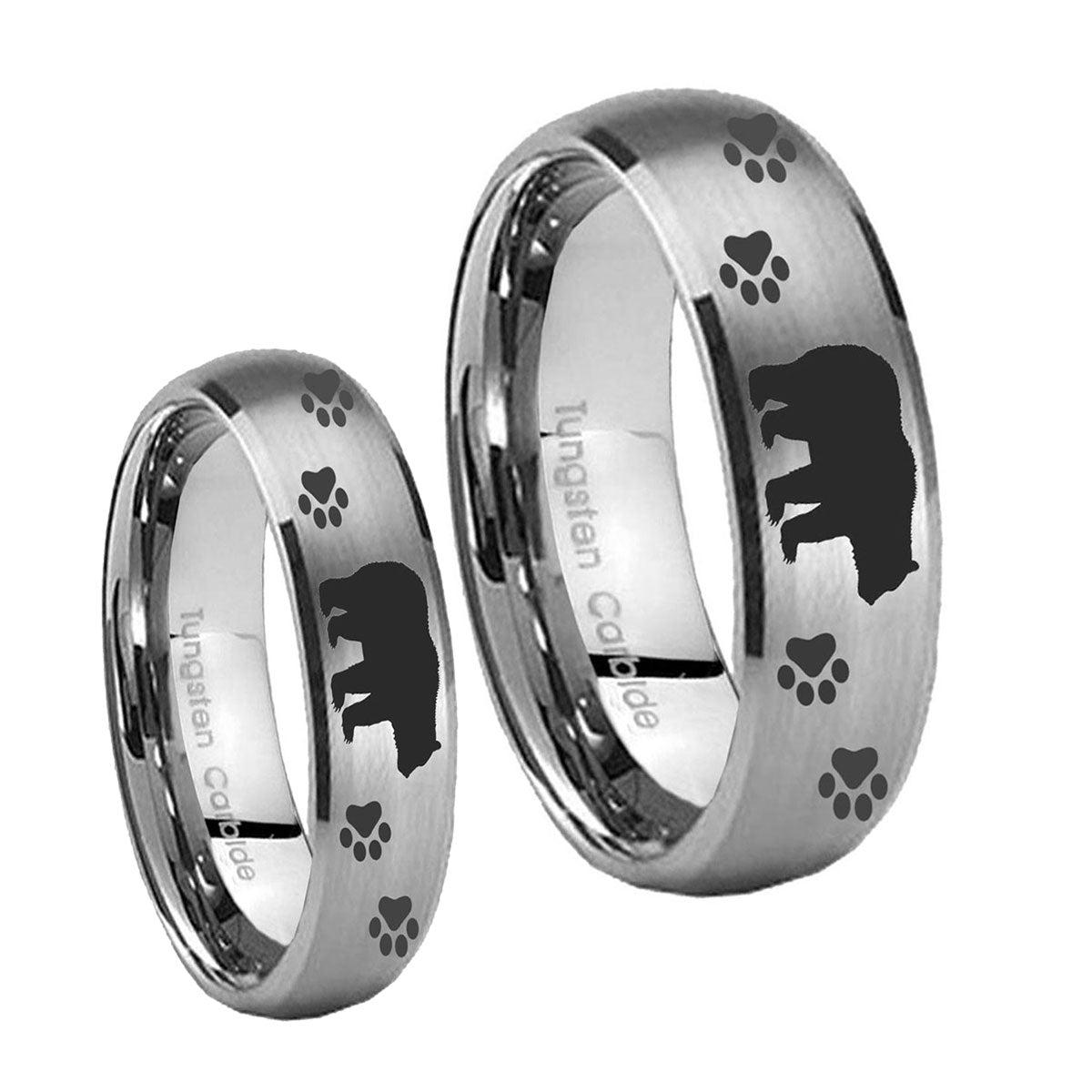 Bear and Paw Dome Brushed Tungsten His Hers Set Rings