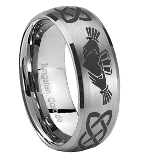 10mm Irish Claddagh Dome Brushed Tungsten Carbide Wedding Band Ring