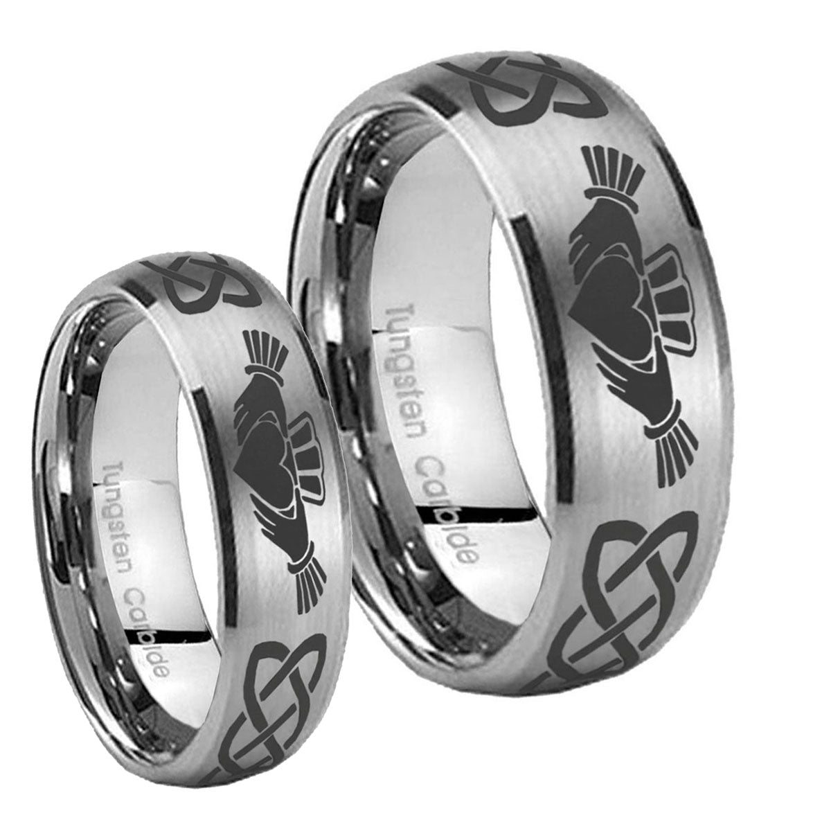 Irish Claddagh Dome Brushed Tungsten Bridal Set Rings