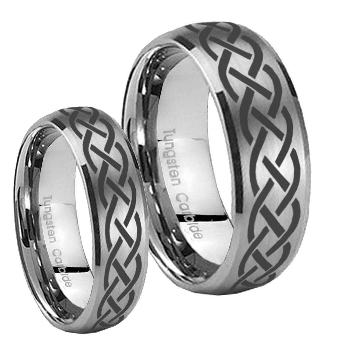 Celtic Knot Dome Brushed Tungsten Wedding Band Set