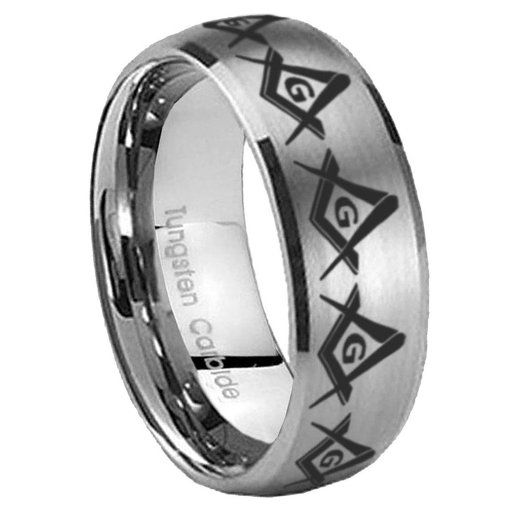 10mm Masonic Square and Compass Dome Brushed Tungsten Carbide Men's Promise Rings