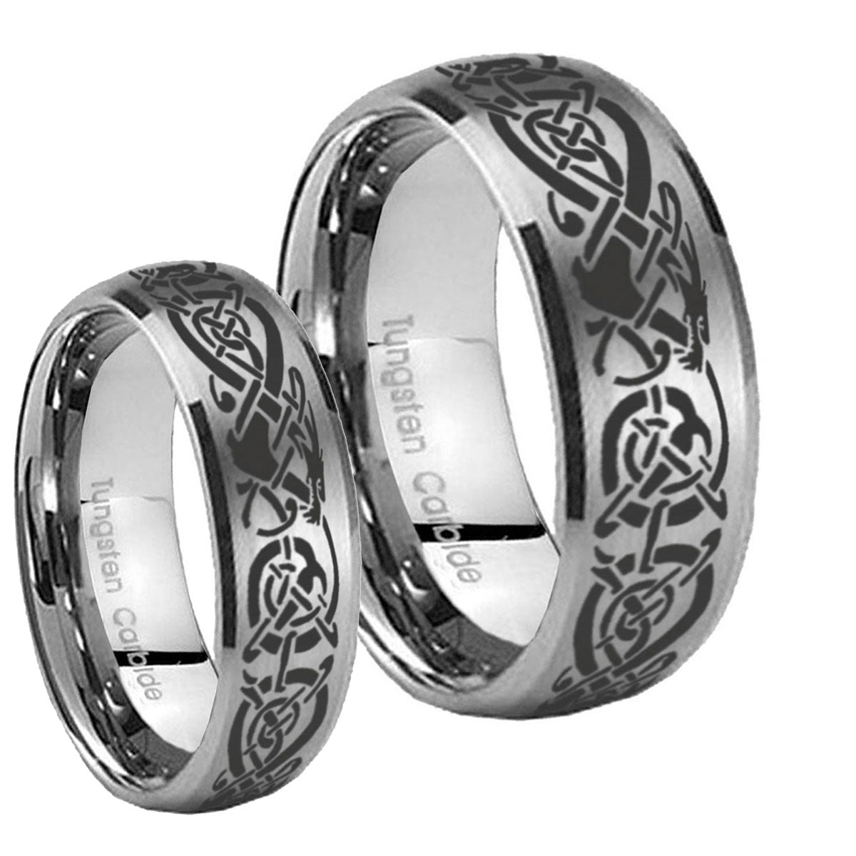 Celtic Knot Dragon Dome Brushed Tungsten Couples Ring Set
