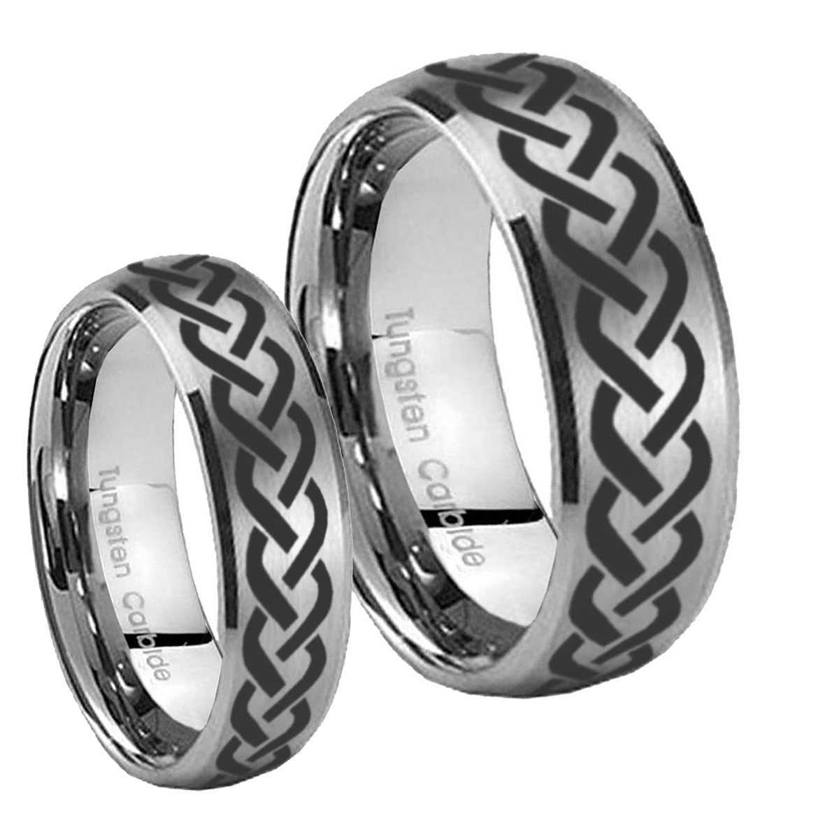 Laser Celtic Knot Dome Brushed Tungsten Couple Wedding Bands